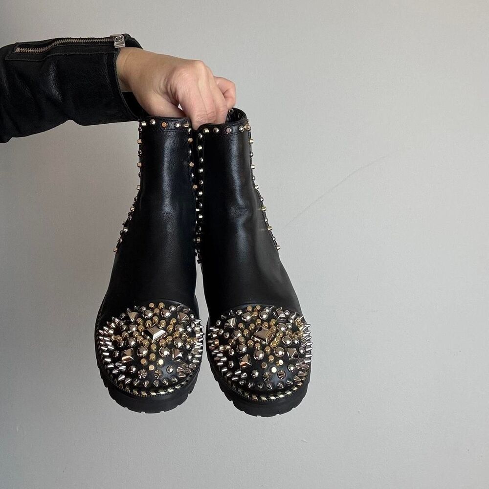 Christian Louboutin Black Leather Studded Chelsea Booties - Picture 2 of 8